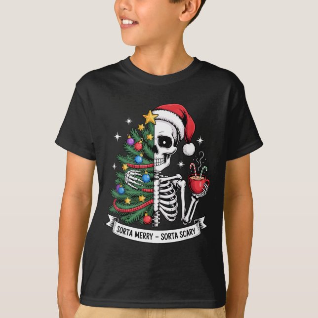 Sorta Merry Sorta Y Santa Skeleton Cocoa Christmas T-Shirt (Vorderseite)