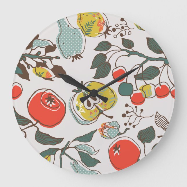 Sortierte Früchte, farbenfrohe, nahtlose Muster. Große Wanduhr (Vorderseite)