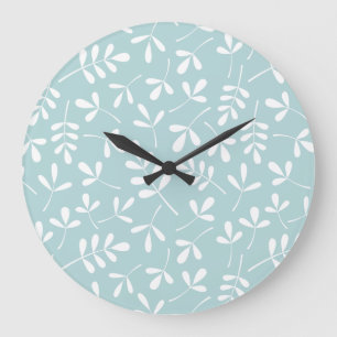 Sortiertes Blätter-Muster-Weiß auf Enten-Ei-Blau Große Wanduhr