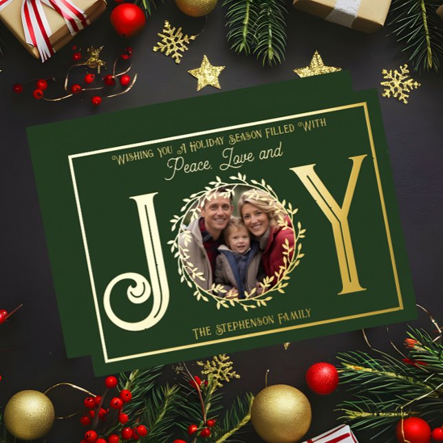 Souhaitez-vous une saison de vacances Paix Amour e ("Wishing You A Holiday Season ... Peace Love and Joy" Gold Foil Photo Green Christmas Holiday Card)