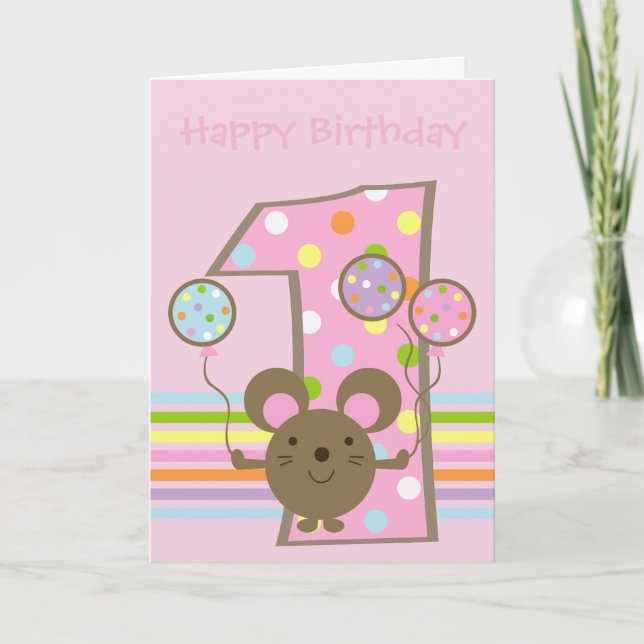 Souris à bulle rose Bonne 1ère carte d'anniversair (Devant)