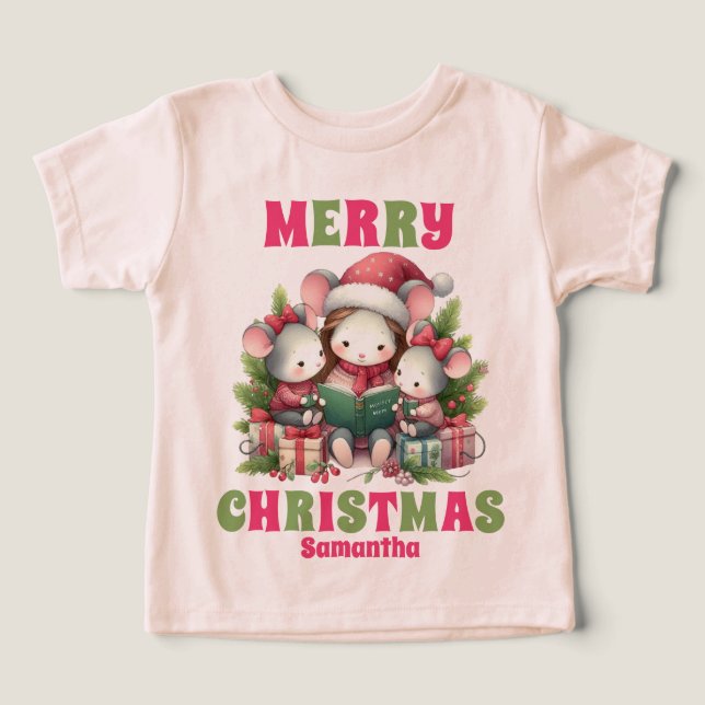 Souris de Noël rose Nom personnalisé (Design Recto)