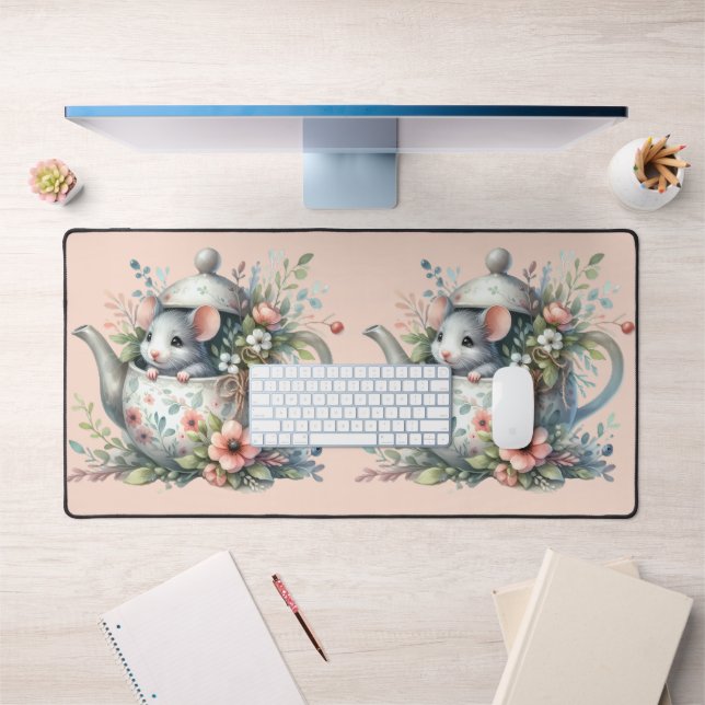 Souris mignonne en théière florale Illustration (Bureau 1)