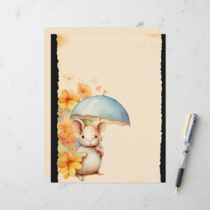 Souris Parapluie orange fleurs vintage papier marr