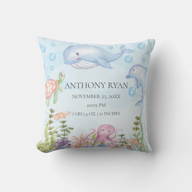 Sous la mer Baby Birth Stats Coussin (Recto)