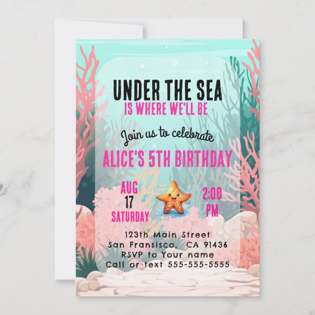 Sous la mer Girl Anniversaire Invitation rose (Devant)