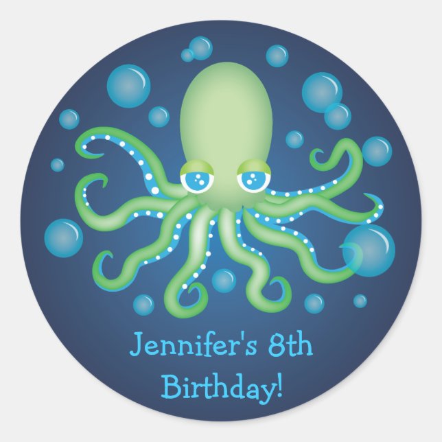 Sous la mer Green Octopus Stickers Anniversaire (Devant)