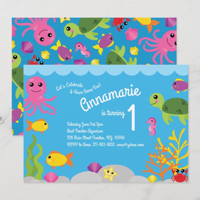 Sous la mer Océan Animaux Invitations d'anniversai (Devant / Derrière)