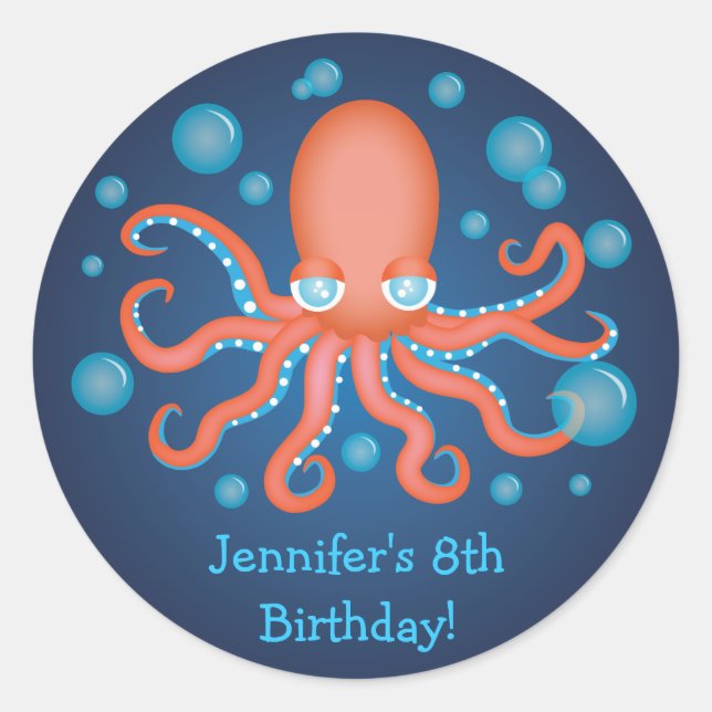 Sous la mer Orange Octopus Stickers Anniversaire (Devant)