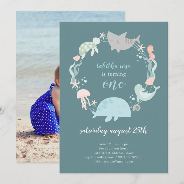 Sous la mer Photo Invitation premier anniversaire (Devant / Derrière)