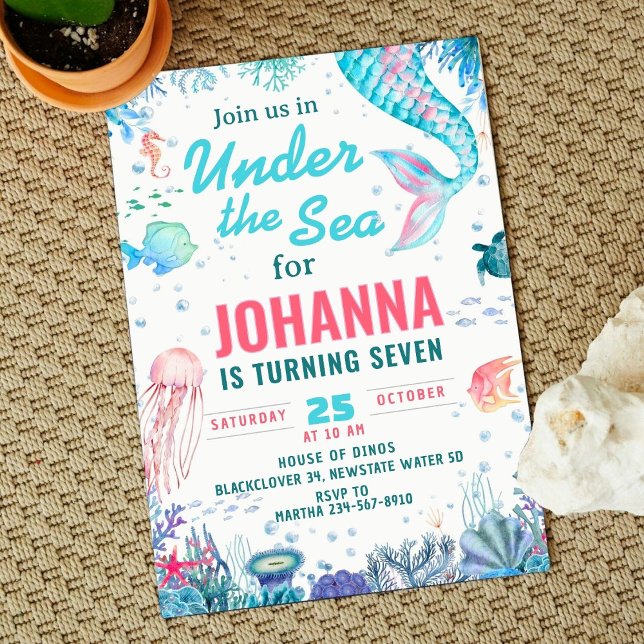 Sous la mer Sirène Anniversaire Fête Invitation (Under the sea Mermaid Birthday Party Invitation)