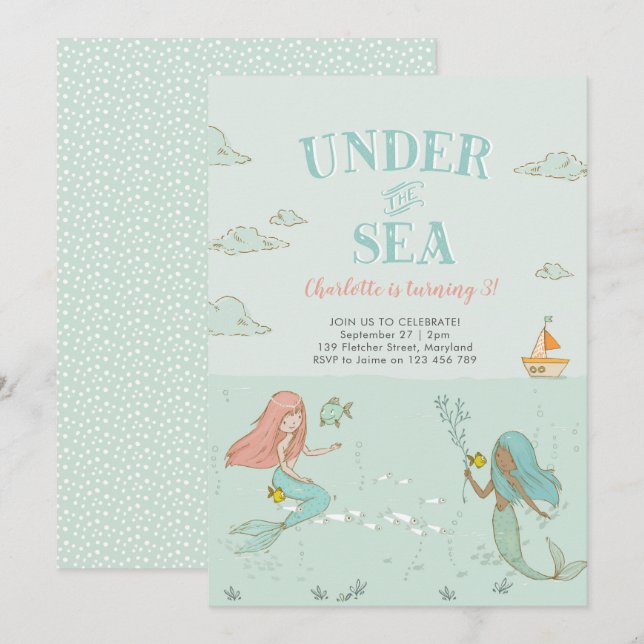 Sous la mer Sirène fête d'anniversaire Invitation (Devant / Derrière)