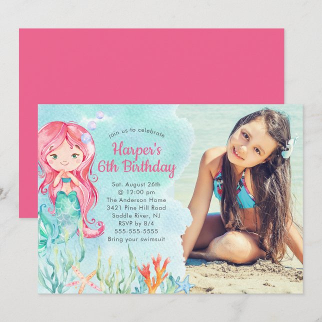 Sous la mer Sirène photo Anniversaire Invitation (Devant / Derrière)