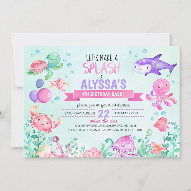 Sous La Mer Splash Invitation Fille Anniversaire (Devant)