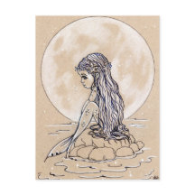 Sous la pleine lune petite carte postale de sirène