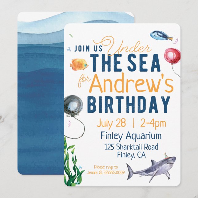 Sous l'aquarelle de la mer Invitation d'anniversai (Devant / Derrière)