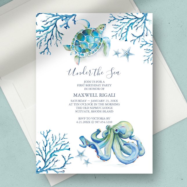 Sous le Sea Boy 1er anniversaire Invitation (1st birthday under the sea watercolor blue sea turtle octopus coral starfish )