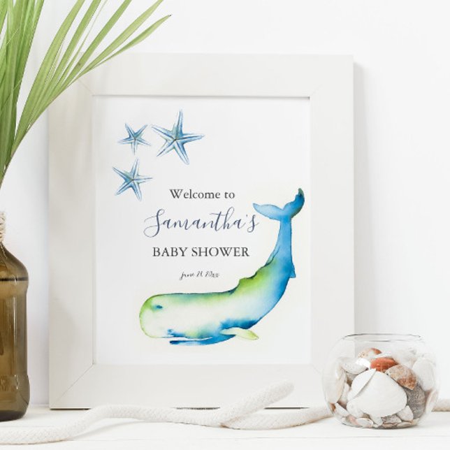 Sous les affiches du Baby shower de baleines bleu  (nautical blue whale baby shower posters watercolor art by Victoria Grigaliunas Do Tell A Belle)