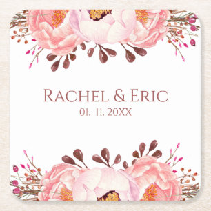 Sous-verre en papier floral rose avec noms personn