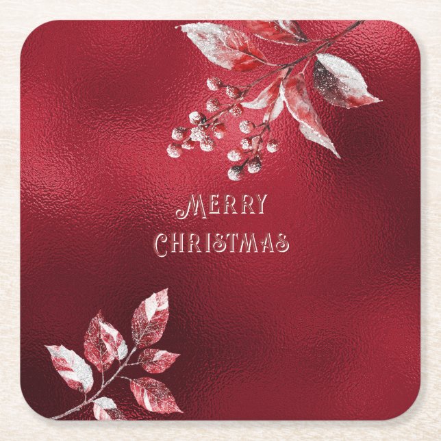 Sous-verre en papier Noël Feuilles Rouges enneigée (Devant)