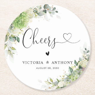 Sous-verre rond de mariage aux hydrangeas botaniqu