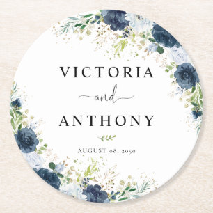 Sous-verre rond de mariage floral bleu marine
