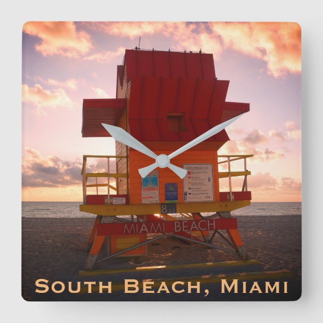 South Beach, Miami Lifeguard Stand (Ocean Rescue) Quadratische Wanduhr (Vorderseite)