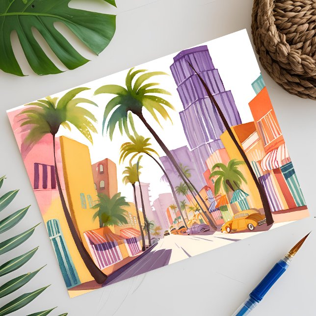 South Beach Sommer | Miami Street Watercolor Postkarte (Von Creator hochgeladen)