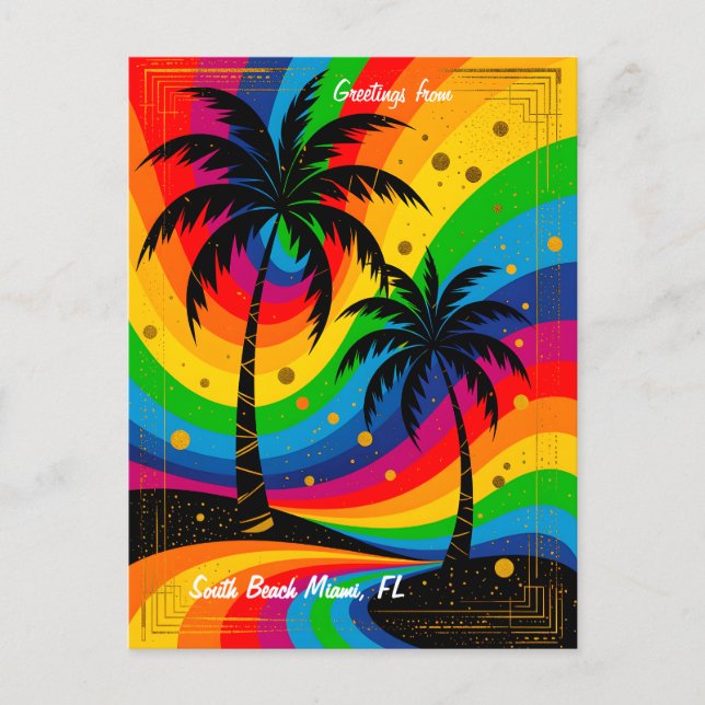 [South Beach Vibes] Colorful Retro Palm Trees Postkarte (Vorderseite)