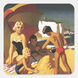 South British Railways Family on Beach Quadratischer Aufkleber