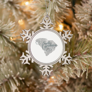 South Carolina Vintage Kalligraphie Illustration Schneeflocken Zinn-Ornament