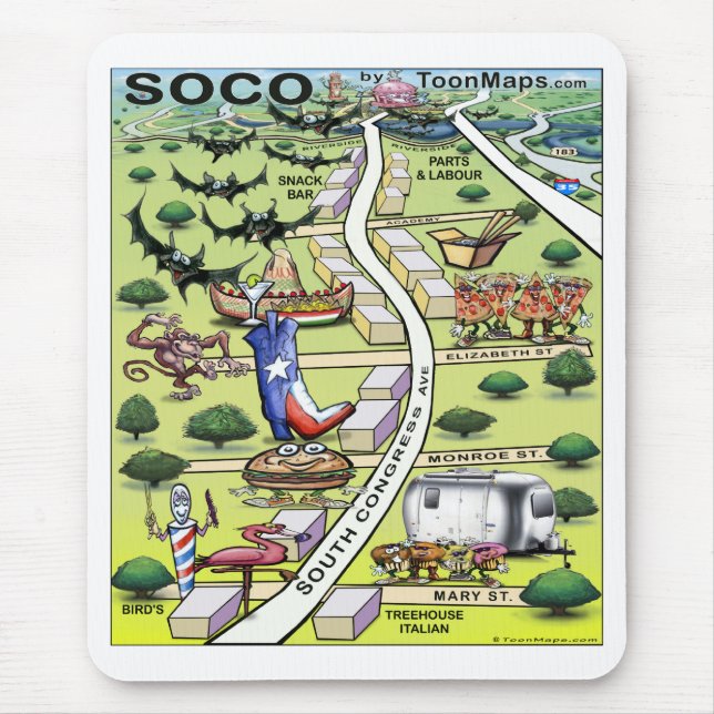 South Congress Ave ATX Cartoon Map Mousepad (Vorne)