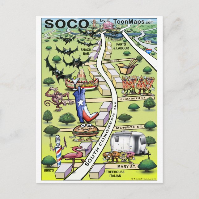 South Congress Ave ATX Cartoon Map Postkarte (Vorderseite)
