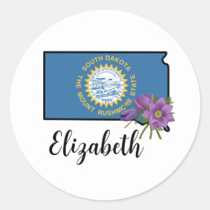 South Dakota Flag mit Staat Blume Pasque Blume Runder Aufkleber