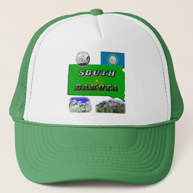 South Dakota Map, Foto Text, Imitate Quarter Truckerkappe (Vorderseite)