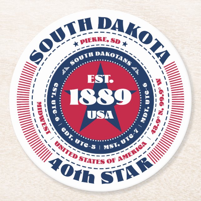 South Dakota Red White Blue Typografie Runder Pappuntersetzer (Vorderseite)