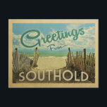 Southcard Postcard Vintage - Postcard Postkarte<br><div class="desc">Diese Gruß aus Southold Vintage Postkarte Design verfügt über einen Sandstrand mit einem schönen türkisfarbenen Ozean Wasser und über dem Meer,  einen blauen Himmel mit billigen weißen Wolken. Im Vintage Reisen Stil.</div>
