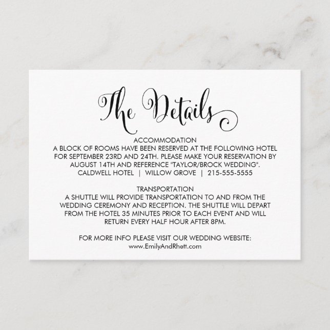 Southern Belle Calligraphy Wedding Details Card Begleitkarte (Vorderseite)