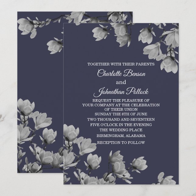 Southern Gray Magnolias & Midnight Blue Wedding Einladung (Vorne/Hinten)
