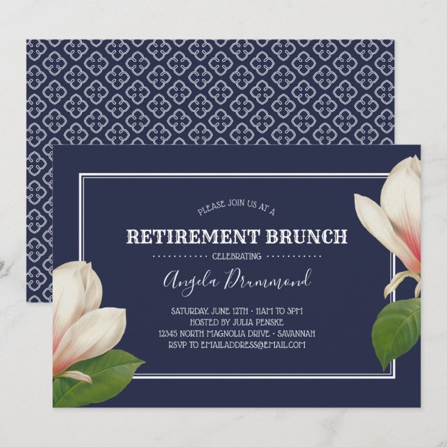 Southern Magnolia Blue Retirement Brunch Einladung (Vorne/Hinten)