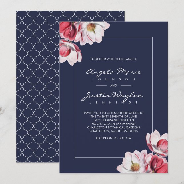 Southern Magnolia Wedding Midnight Blue Einladung (Vorne/Hinten)