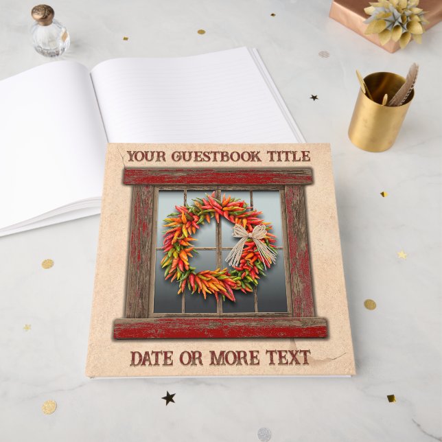 Southwest Chile Pepper Wreath Window Personalized  Gästebuch (Vorderseite offen)