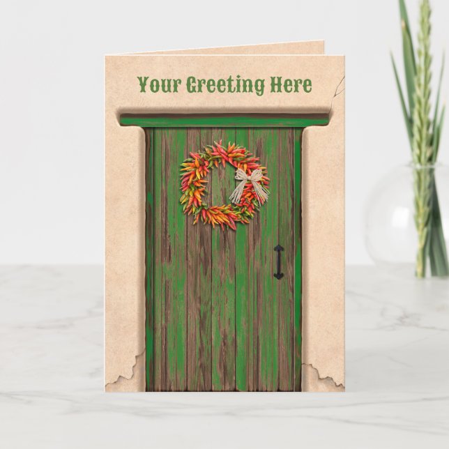 Southwest Chile Ristra Wreath on Rustic Green Door Karte (Vorderseite)
