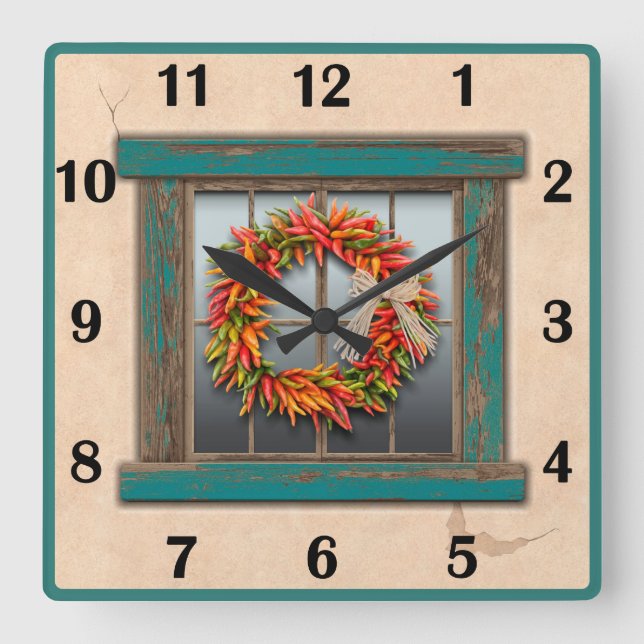 Southwest Chile Wreath Blue Window Grundnummern Quadratische Wanduhr (Vorderseite)