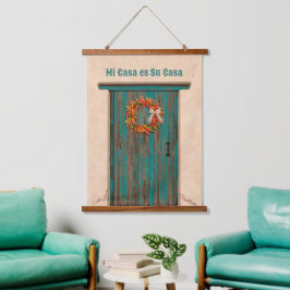 Southwest Chile Wreath on Rustic Blue Wood Door  Wandteppich Mit Holzrahmen