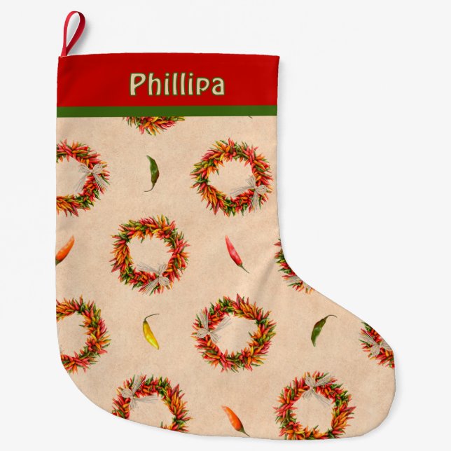 Southwest Festive Chile Ristra Wreath Personalized Großer Weihnachtsstrumpf (Vorderseite)