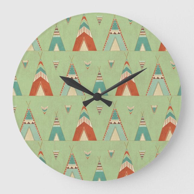 Southwest Geo Green Teepee Pattern Große Wanduhr (Vorderseite)