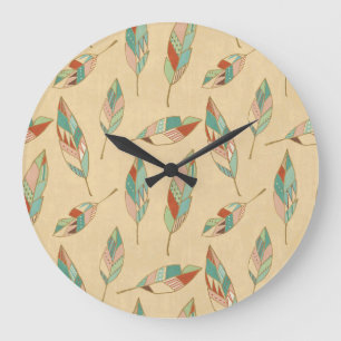 Southwest Geo Step Coral Feather Pattern Große Wanduhr