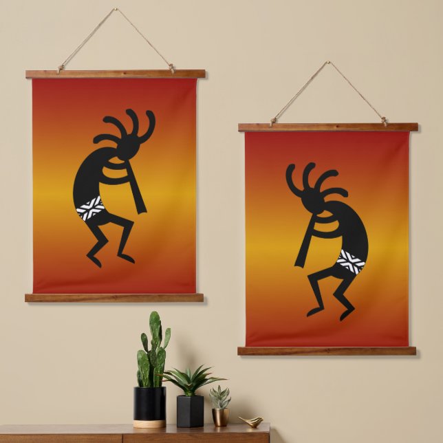 Southwest Kokopelli Black Orange Sunset Wandteppich Mit Holzrahmen (Asymmetrisch)
