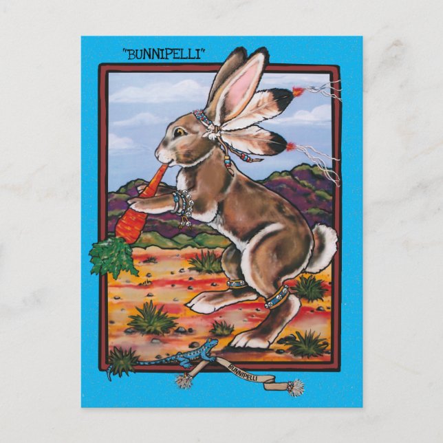 Southwest Kokopelli Bunnipelli Rabbit Whimsical Postkarte (Vorderseite)